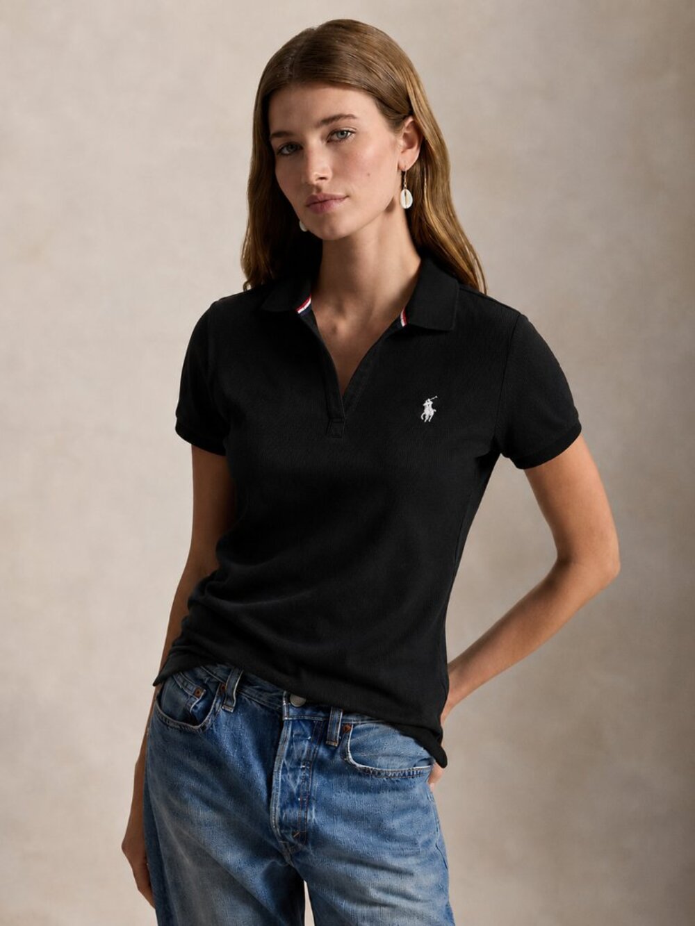 Lauren Ralph Lauren Black Ribbed Polo Contrast Trim M